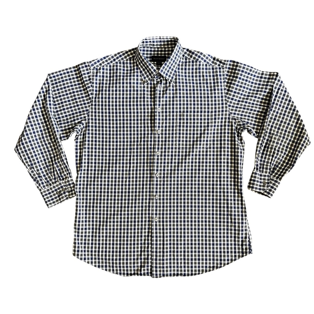 Scott Barber 100% Cotton Blue, Gray and White Checkered Button down Shirt; XL